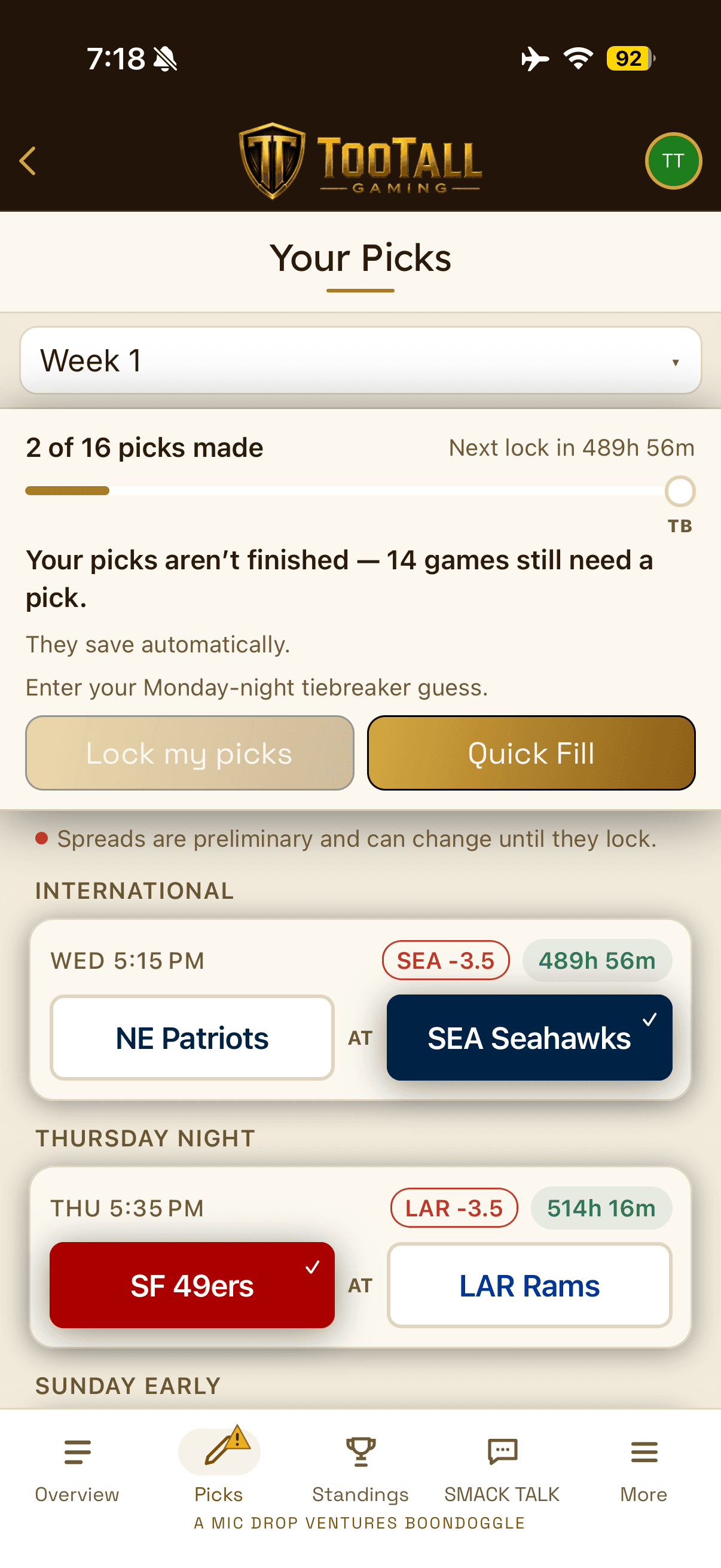 The Pick'em Pro picks screen on a phone